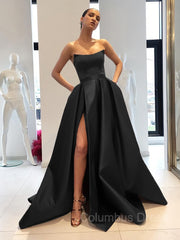 Evening Dress Formal, Ball Gown Strapless Sweep Train Satin Prom Dresses With Leg Slit