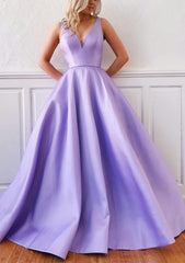 Party Dress Short Clubwear, Ball Gown V Neck Sleeveless Satin Sweep Train Prom Dress