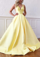 Party Dress Miami, Ball Gown V Neck Sleeveless Satin Sweep Train Prom Dress