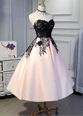 Prom Dress Ideas, Cute Pearl Pink Tea Length Satin With Lace Applique Party Dress