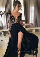 Prom Dress Inspo, Chiffon Long/Floor-Length A-Line/Princess Full/Long Sleeve Bateau Zipper Up At Side Prom Dress With Appliqued