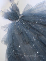 Gorgeous Blue Sparkly Tulle Beaded Prom Dress, Tiered Formal Gown With Rhinestone