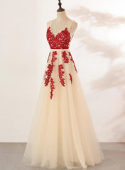 Black Tie Dress, Ivory Tulle With Red Lace Applique V Neckline Prom Dress