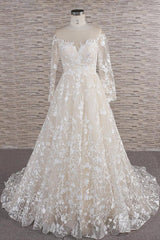 Wedding Dresses Long Sleev, Long A-line Sweetheart Applqiues Tulle Wedding Dress with Sleeves