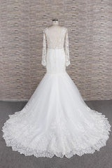 Wedsing Dresses Boho, Long Sleeve Mermaid Sweetheart Appliques Lace Backless Wedding Dress