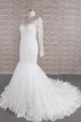 Wedding Dressed Boho, Long Sleeve Mermaid Sweetheart Appliques Lace Backless Wedding Dress