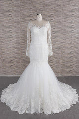 Wedding Dress Boutiques Near Me, Long Sleeve Mermaid Sweetheart Appliques Lace Backless Wedding Dress