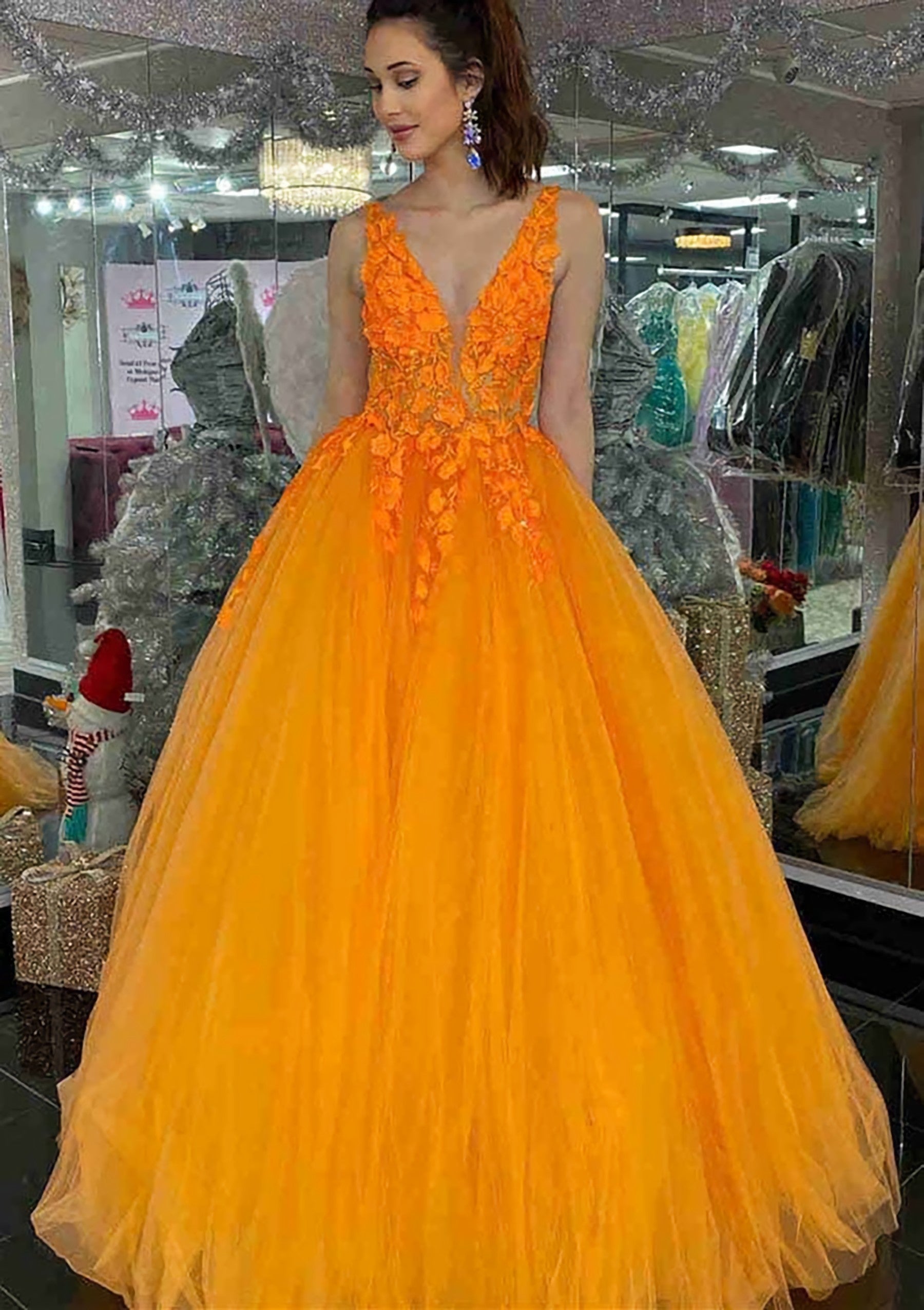 Formal Dresses Shops, Princess V Neck Long/Floor-Length Tulle Prom Dress With Appliqued