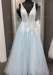 Bridesmaid Dress Colorful, Princess V Neck Long/Floor-Length Tulle Prom Dress With Appliqued Lace