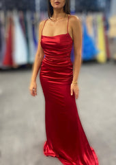 Party Dress Size 45, Sheath/Column Bateau Spaghetti Straps Long/Floor-Length Charmeuse Prom Dress With Pleated