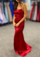 Party Dress Classy Elegant, Sheath/Column Bateau Spaghetti Straps Long/Floor-Length Charmeuse Prom Dress With Pleated