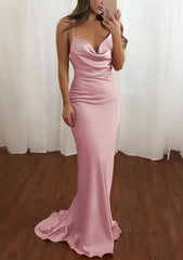 Prom Dresses Long Elegant, Sheath/Column Cowl Neck Spaghetti Straps Sweep Train Satin Prom Dress