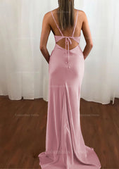 Prom Dress Long Elegent, Sheath/Column Cowl Neck Spaghetti Straps Sweep Train Satin Prom Dress