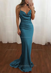 Prom Dresses Silk, Sheath/Column Cowl Neck Spaghetti Straps Sweep Train Satin Prom Dress