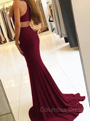 Bridesmaids Dresses Colors, Sheath/Column Halter Sweep Train Jersey Prom Dresses With Leg Slit