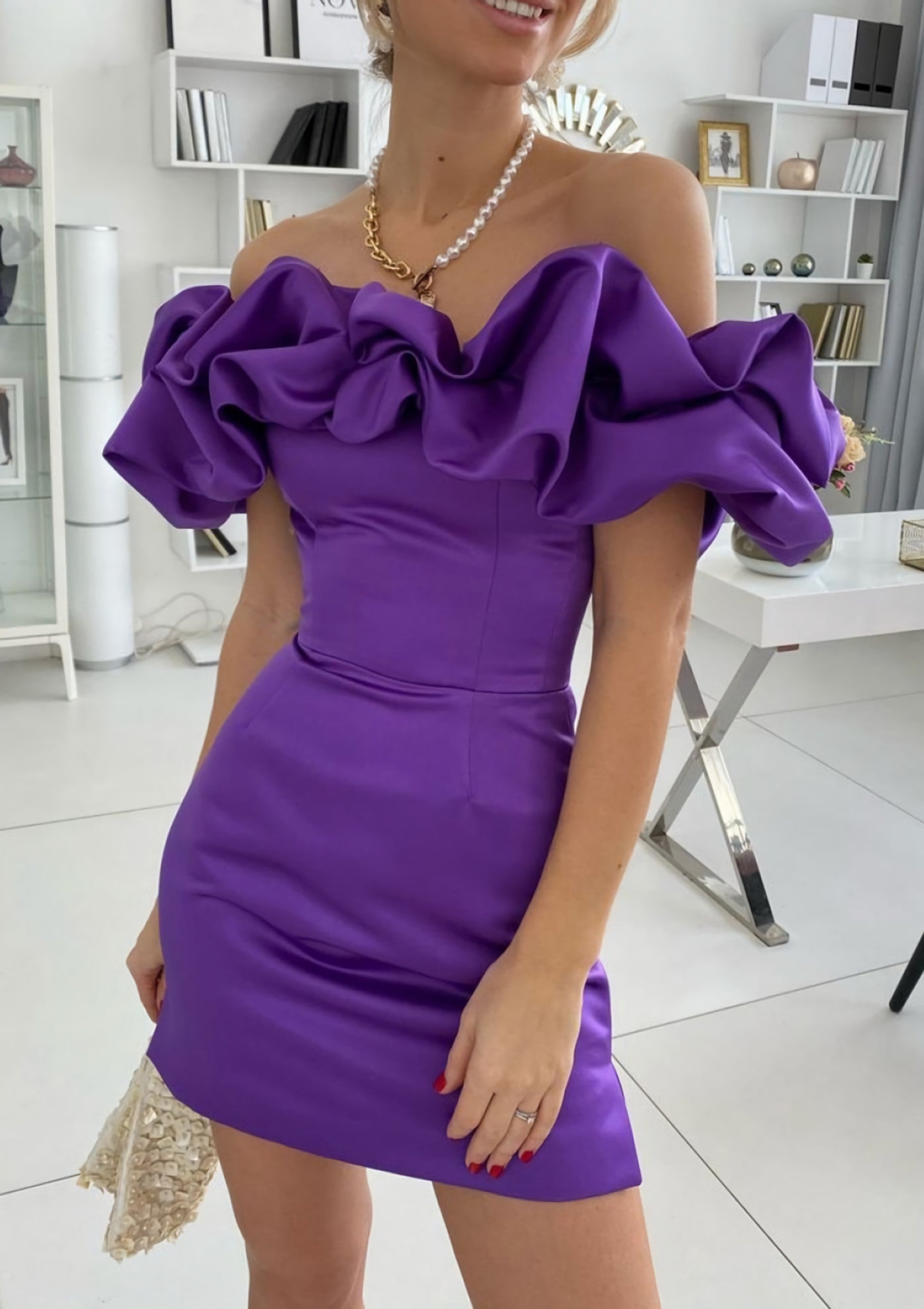 Bridesmaid Dresses Weddings, Sheath/Column Off-the-Shoulder Sleeveless Satin Short/Mini Homecoming Dress With Ruffles