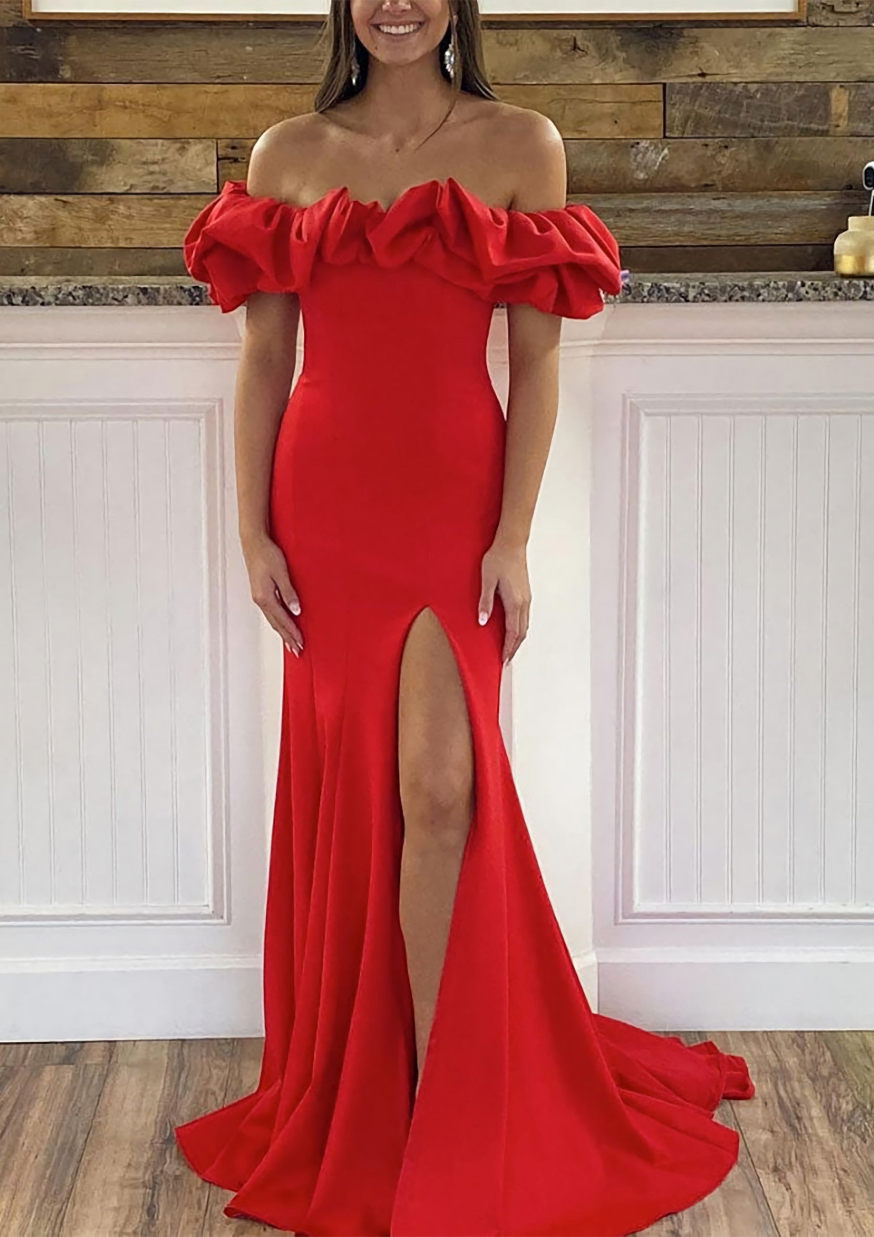 Prom Inspo, Sheath/Column Off-the-Shoulder Sleeveless Sweep Train Satin Prom Dress With Ruffles Split