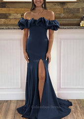 Royal Dress, Sheath/Column Off-the-Shoulder Sleeveless Sweep Train Satin Prom Dress With Ruffles Split