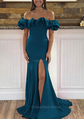 On Piece Dress, Sheath/Column Off-the-Shoulder Sleeveless Sweep Train Satin Prom Dress With Ruffles Split