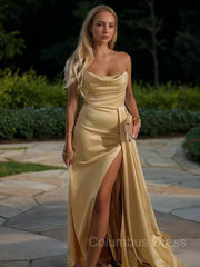 Bridesmaids Dress Websites, Sheath/Column Strapless Sweep Train Elastic Woven Satin Prom Dresses With Leg Slit