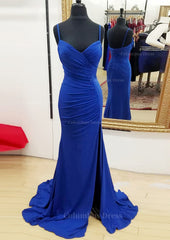 Prom Dress With Pocket, Sheath/Column Sweetheart Sleeveless Sweep Train Jersey Prom Dress With Split Pleated