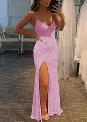 Wedding Guest Outfit, Sheath/Column V Neck Spaghetti Straps Long/Floor-Length Velvet Sequins Prom Dress With Split