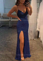 Cute Dress, Sheath/Column V Neck Spaghetti Straps Long/Floor-Length Velvet Sequins Prom Dress With Split