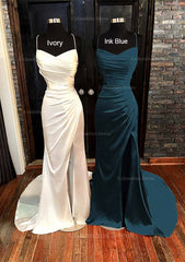 Prom Dresses Navy, Sheath/Column V Neck Spaghetti Straps Sweep Train Satin Prom Dress With Pleated Split