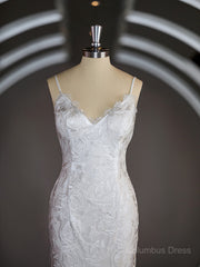 Wedding Dress Sale, Sheath/Column V-neck Sweep Train Lace Wedding Dresses with Appliques Lace