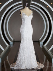 Wedding Dress Different, Sheath/Column V-neck Sweep Train Lace Wedding Dresses with Appliques Lace