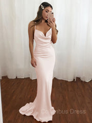 Bridesmaid Dresses Lavender, Sheath/Column V-neck Sweep Train NS Elastic Woven Satin Prom Dresses