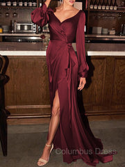 Summer Wedding Color, Sheath/Column V-neck Sweep Train Silk like Satin Mother of the Bride Dresses With Ruched