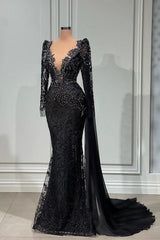 Party Dress Cocktail, Stylish Black A-line Mermaid Evening Dress Deep V-Neck Beadings Long Sleeves Prom Dress