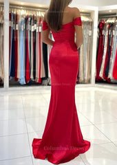 Prom Dresse Long, Trumpet/Mermaid Off-the-Shoulder Short Sleeve Long/Floor-Length Satin Prom Dress With Pleated Split