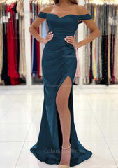 Prom Dresses Shop, Trumpet/Mermaid Off-the-Shoulder Short Sleeve Long/Floor-Length Satin Prom Dress With Pleated Split