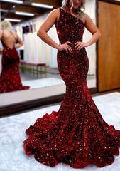 Homecoming Dress Sparkle, Trumpet/Mermaid One-Shoulder Sleeveless Long/Floor-Length Velvet Sequins Prom Dress