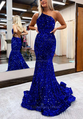 Homecoming Dresses Black, Trumpet/Mermaid One-Shoulder Sleeveless Long/Floor-Length Velvet Sequins Prom Dress