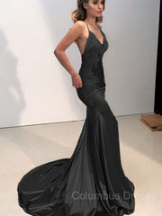 Party Dress Shops, Trumpet/Mermaid Straps Sweep Train Silk like Satin Prom Dresses