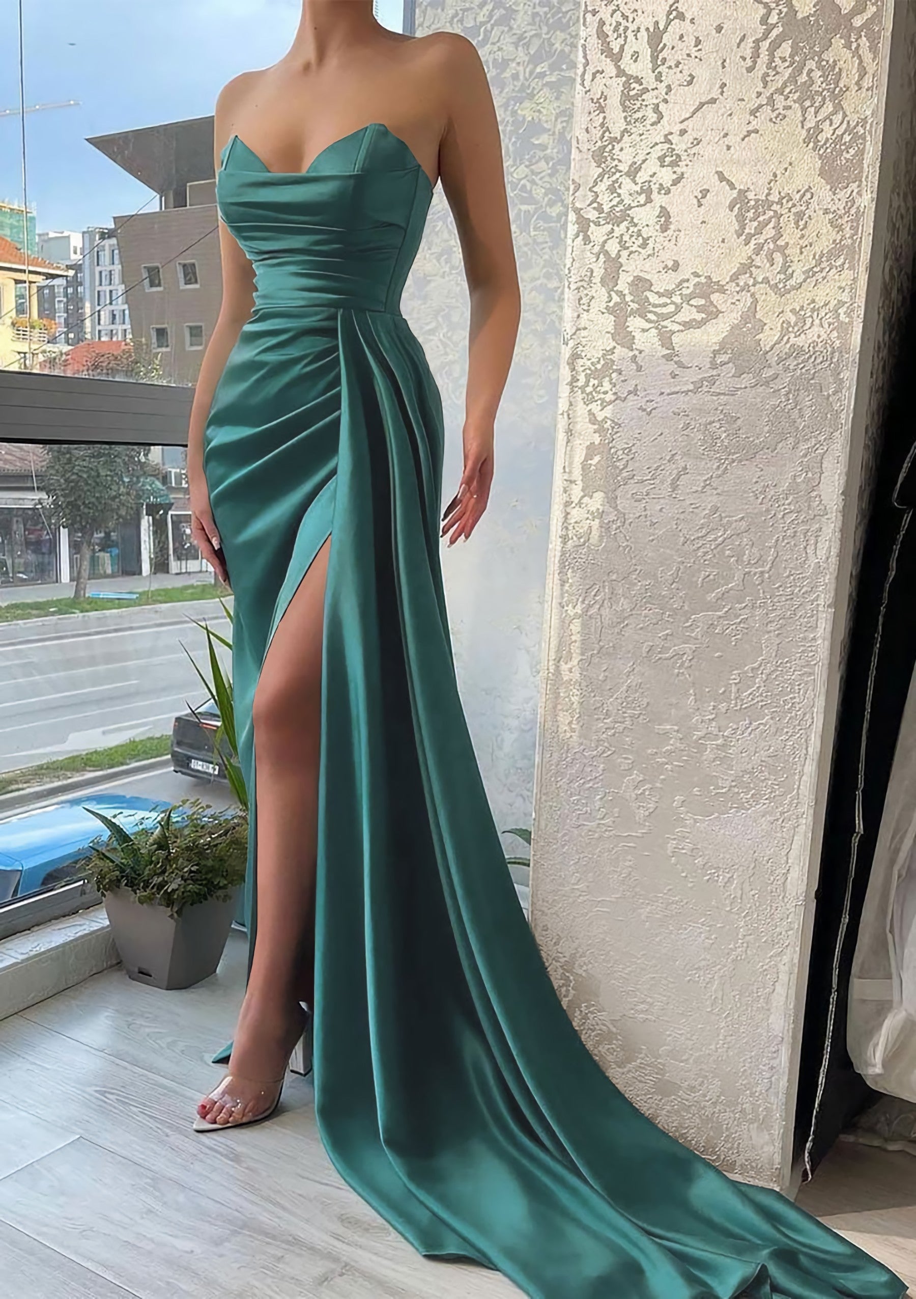 Prom Dresses Sleeve, Trumpet/Mermaid Sweetheart Strapless Court Train Satin Prom Dress With Pleated Split