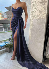 Prom Dress 32, Trumpet/Mermaid Sweetheart Strapless Court Train Satin Prom Dress With Pleated Split