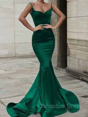 Bridesmaides Dresses Fall, Trumpet/Mermaid Sweetheart Sweep Train Elastic Woven Satin Prom Dresses