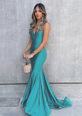 Prom Dresses For 2023, Trumpet/Mermaid V Neck Sleeveless Sweep Train Jersey Prom Dress