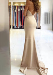 Prom Dress Long Open Back, Trumpet/Mermaid V Neck Sleeveless Sweep Train Satin Prom Dress