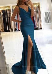 Prom Dress Chiffon, Trumpet/Mermaid V Neck Sleeveless Sweep Train Satin Prom Dress