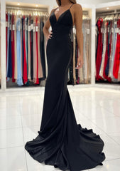 Party Dress Ball, Trumpet/Mermaid V Neck Sweep Train Sleeveless Elastic Satin Prom Dress