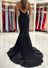 Party Dresses And Tops, Trumpet/Mermaid V Neck Sweep Train Sleeveless Elastic Satin Prom Dress