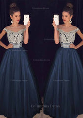 Prom Dress Backless, Tulle Long/Floor-Length A-Line/Princess Sleeveless Bateau Zipper Prom Dress With Beaded