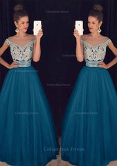 Prom Dress 2018, Tulle Long/Floor-Length A-Line/Princess Sleeveless Bateau Zipper Prom Dress With Beaded